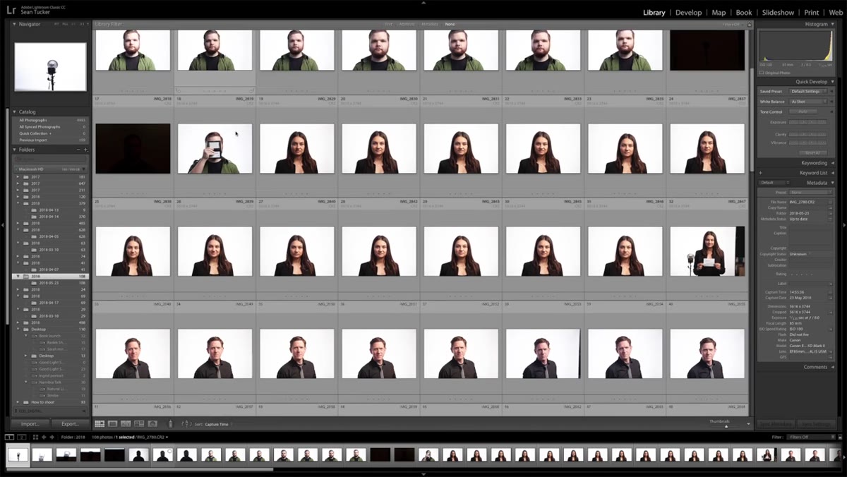 Lightroom grid view showing full shoot from test shots to final images