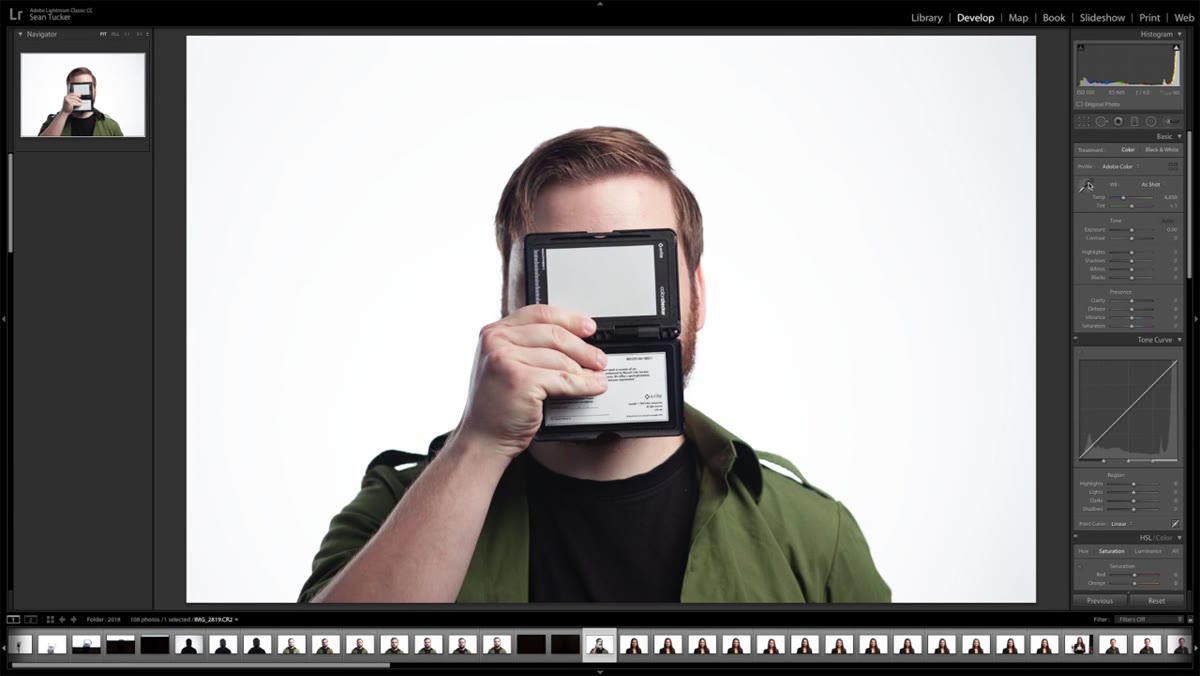 Develop module open with eyedropper tool selected over gray card target