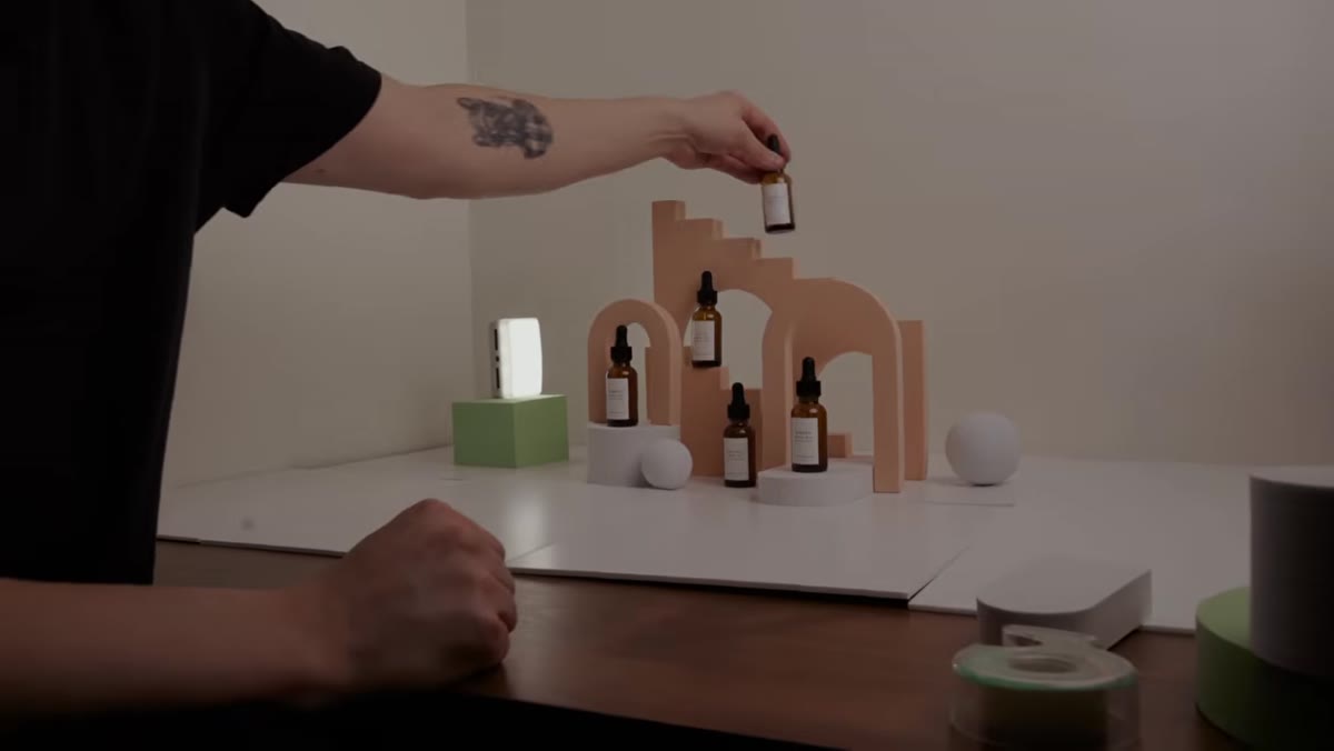 Props at different heights creating visual layers within the composition