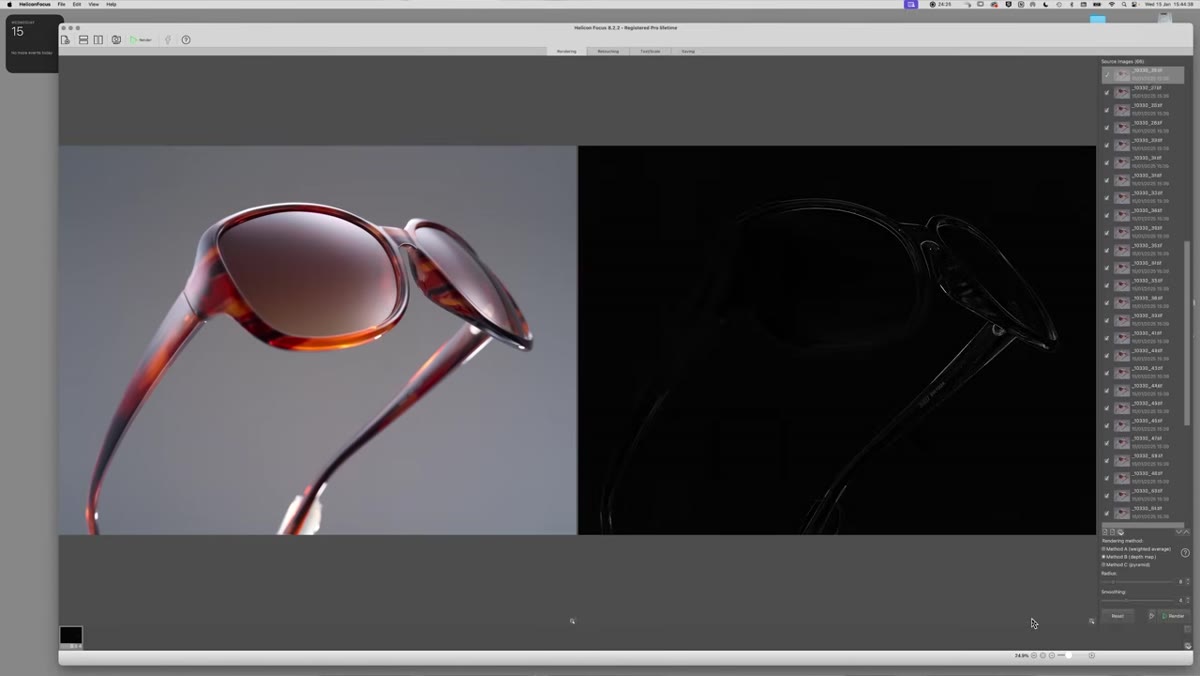 Shallow depth of field image of sunglasses before focus stacking