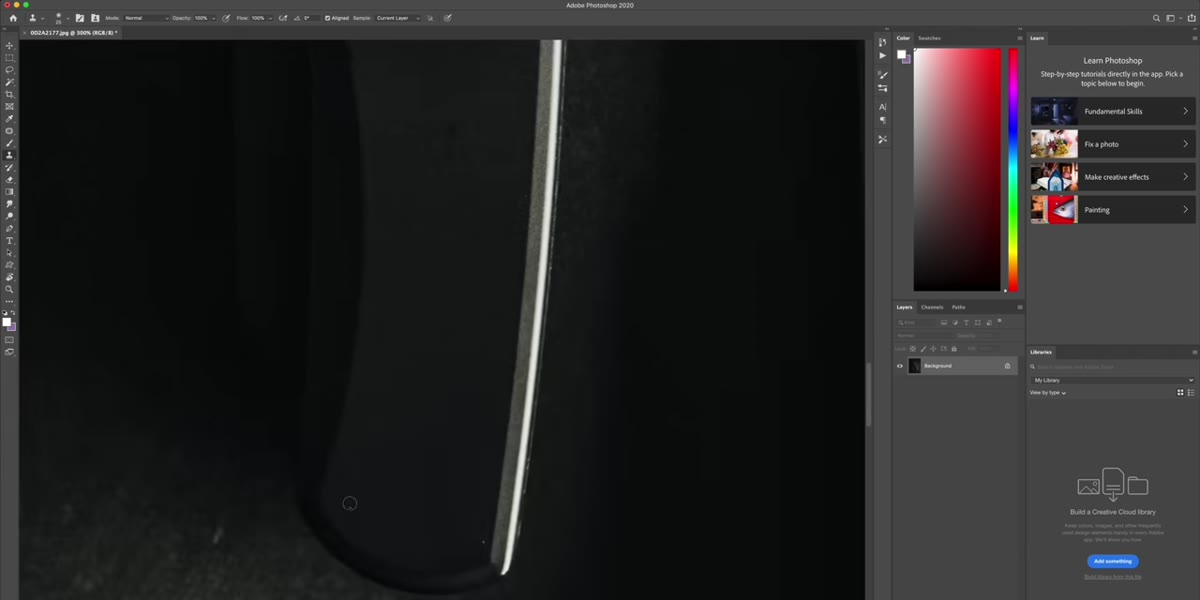 Product photo open in Photoshop with retouching in progress