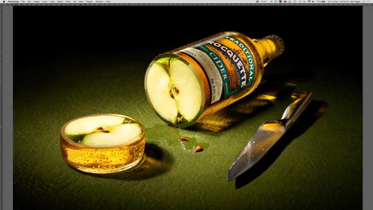 Finished cider ad showing bottle, apple, and knife arrangement