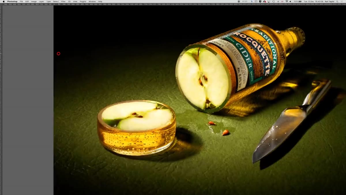 Full bottle in position on set before apple swap