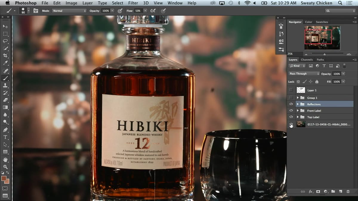 Layer panel visible with reflection and label layers organized