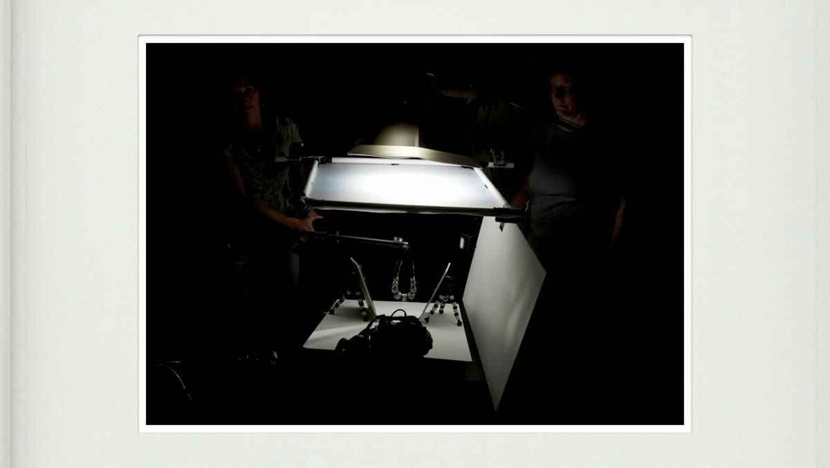 Softbox over scrim above product with grid-spotted speedlights aimed at back of object