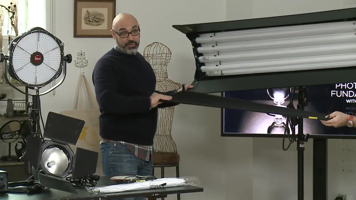 Close-up of fluorescent bulbs with blue-edged tubes in the Kino Flo fixture