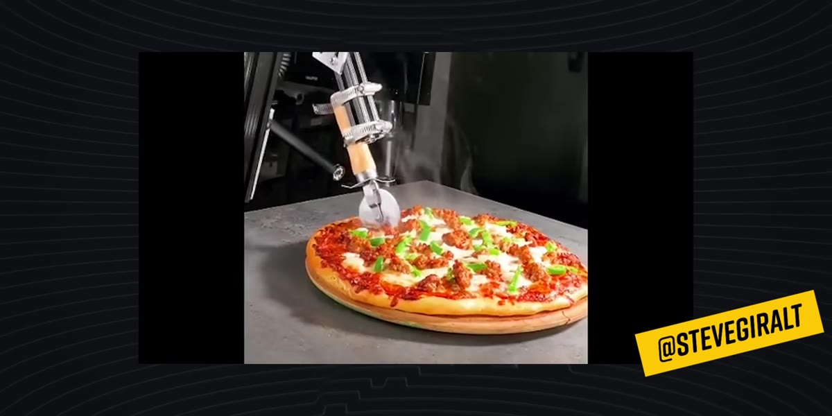 caption: Probe lens traveling through cheese pull on pizza shot