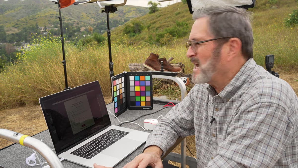 Spyder Checkr color card positioned in the scene with the boots