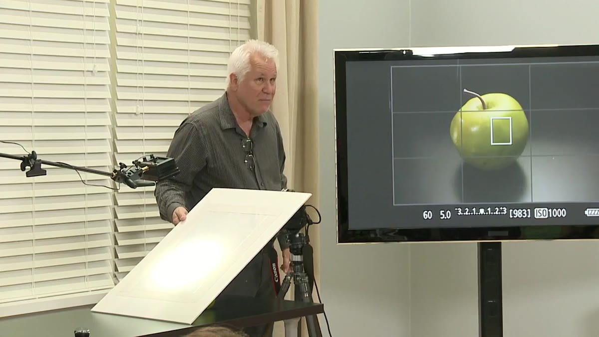 Instructor repositioning the panel to remove a secondary specular highlight